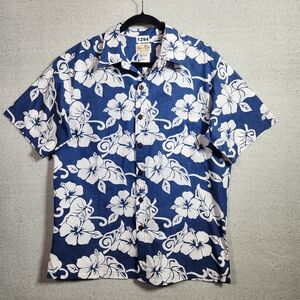 Paradise Bay Men's L Blue Floral Hawaiian Casual Button Down Shirt 100% Cotton